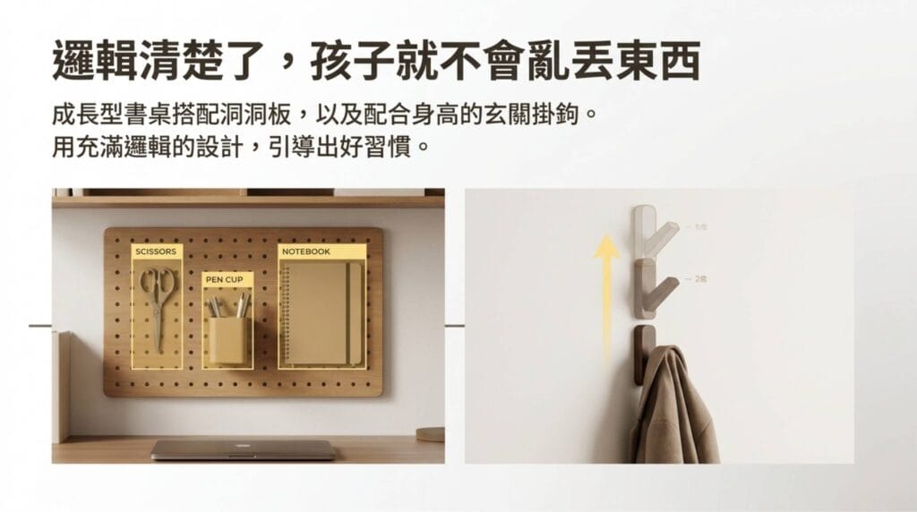 培養孩子收納好習慣：成長型書桌與玄關掛鉤的邏輯化設計