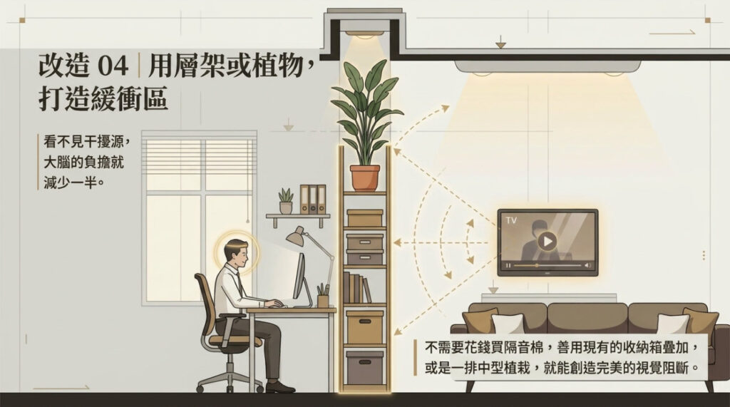 居家辦公改造04：使用書櫃層架與中型植物盆栽打造視覺阻斷的工作緩衝區