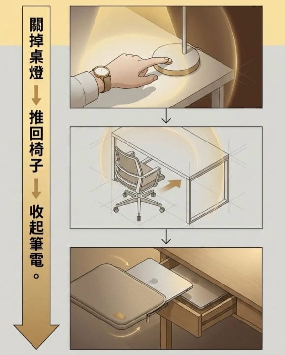 下班儀式感三步驟流程：關掉桌燈、推回椅子、收起筆電以切換居家生活模式
