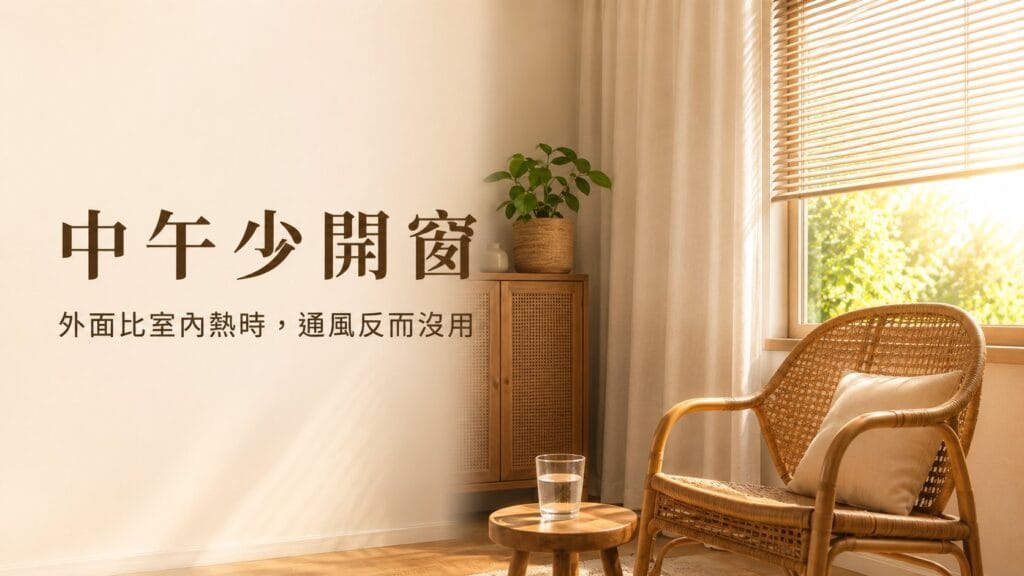 中午少開窗，當室外溫度高於室內時避免熱空氣流入，夏季居家降溫技巧示意圖，透過正確通風方式維持室內舒適溫度。