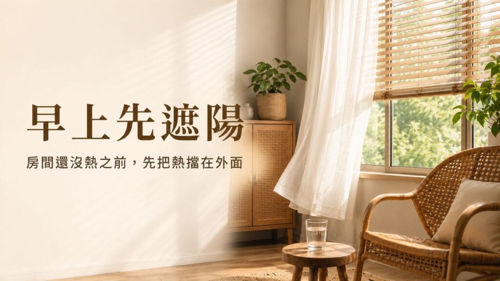 早上先遮陽降低室內升溫，利用窗簾阻隔陽光熱能進入室內，客廳遮陽與自然採光示意，幫助夏天居家降溫與節省冷氣電費。