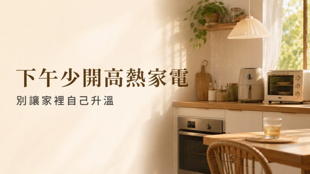下午減少使用烤箱、氣炸鍋等高熱家電，避免室內持續升溫，夏天節能降溫與降低室內熱源的居家生活建議。