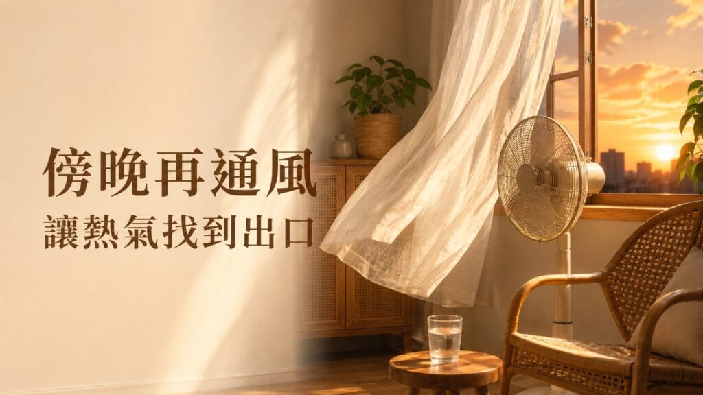 傍晚開窗搭配電風扇通風排熱，利用自然對流將室內熱氣排出，改善悶熱環境，提升夏季居家舒適度與節能效果。