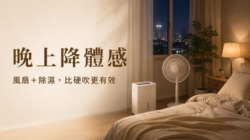 晚上使用電風扇搭配除濕機降低體感溫度，比單純吹風更舒適，適合夏季夜晚睡眠與居家降溫的節能方式。