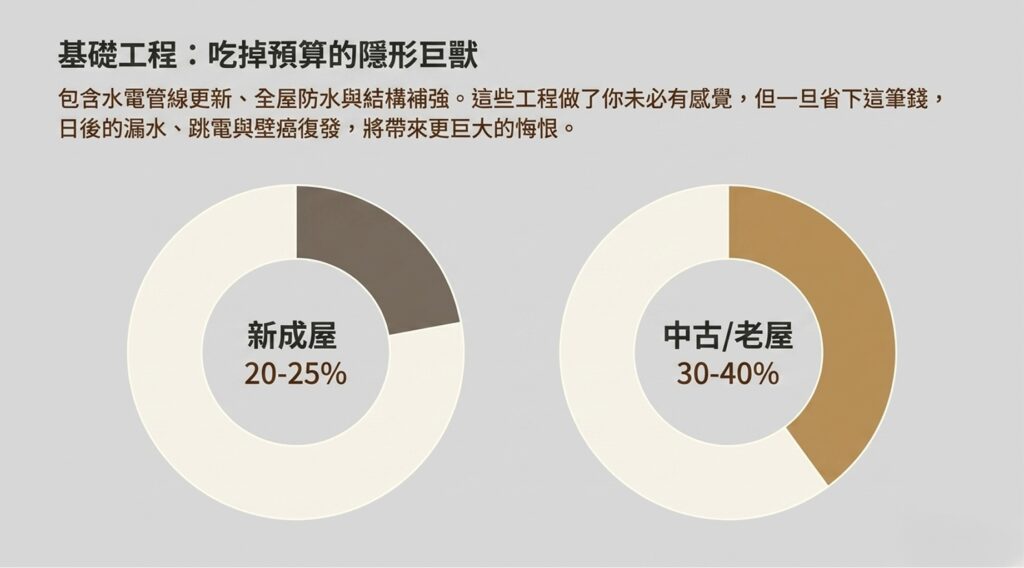 基礎工程預算佔比圖:新成屋與老屋翻新