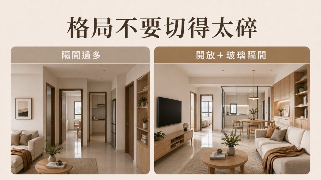 現代極簡風格住宅設計，米白色調搭配木質元素與自然採光，呈現溫暖舒適的客廳與餐廚空間