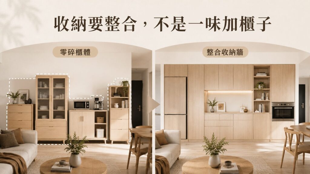 居家收納設計比較，整合式收納牆取代零碎櫃體，打造整潔俐落的現代住宅空間