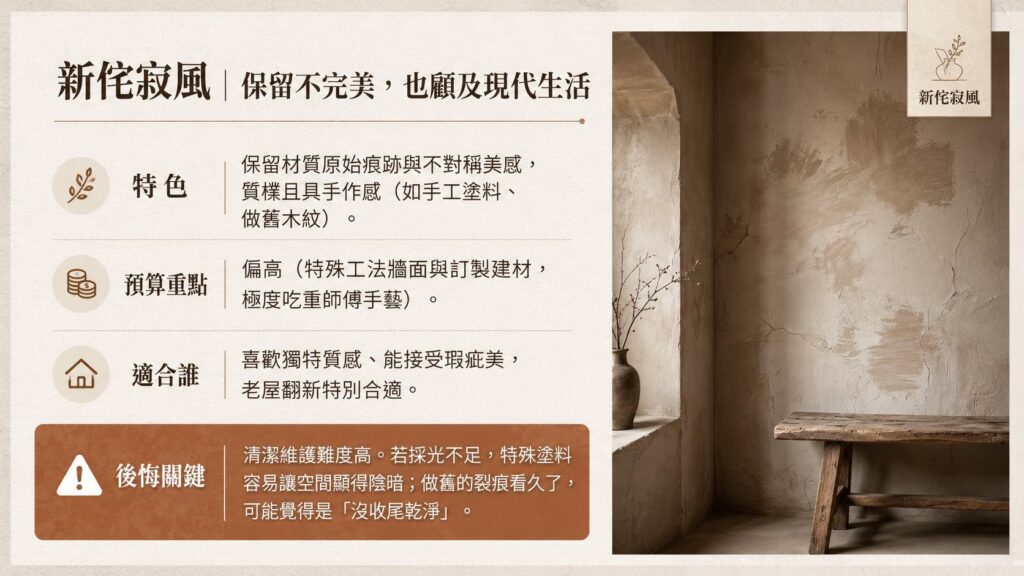 新侘寂風室內設計指南,包含特殊工法牆面特色、預算重點、適合族群與後悔關鍵