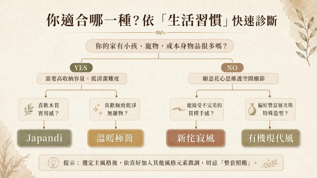 依生活習慣、家庭成員與寵物需求挑選裝潢風格的快速診斷心智圖