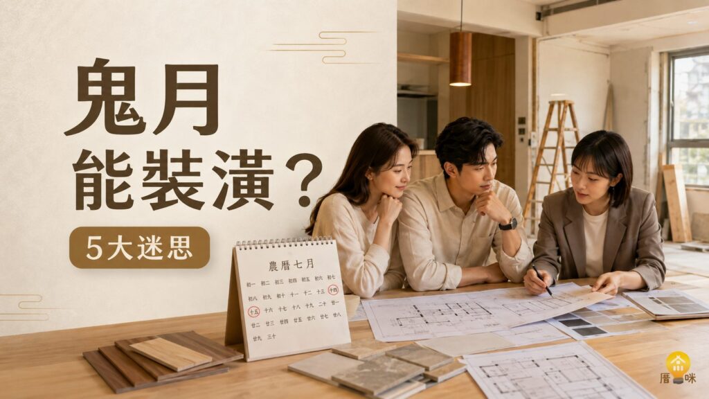屋主與室內設計師討論裝修圖面與農曆七月工期規劃迷思