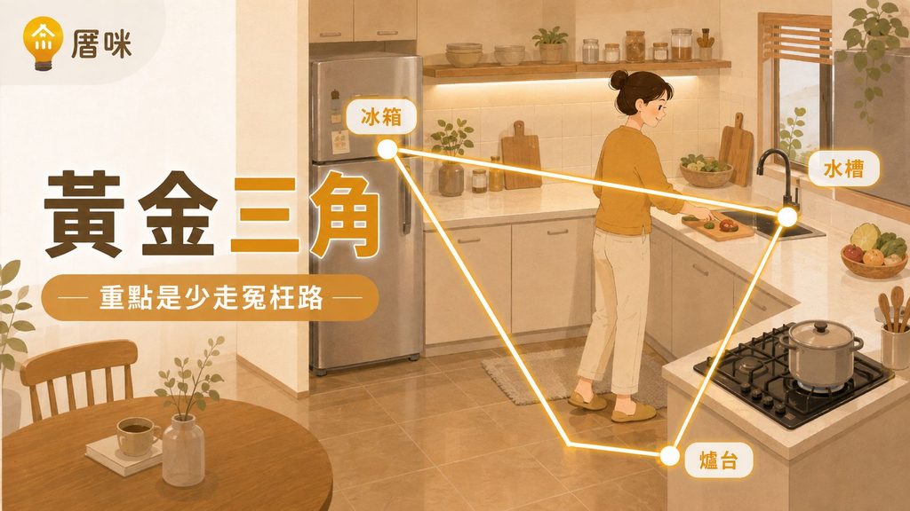 傳統廚房黃金三角動線：冰箱、水槽與爐台的最佳動線距離配置