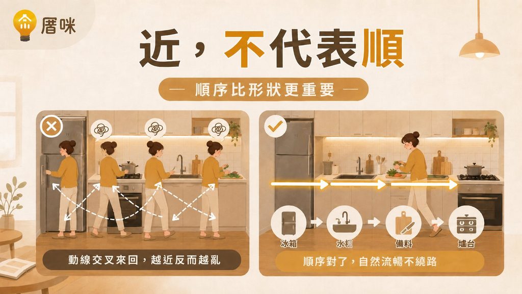 廚房料理動線順序示範：冰箱拿取、水槽清洗、切菜備料到爐台烹煮的高效流程