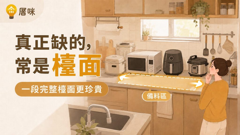 廚房完整備料檯面不足示意圖：電鍋、微波爐、氣炸鍋擠滿檯面