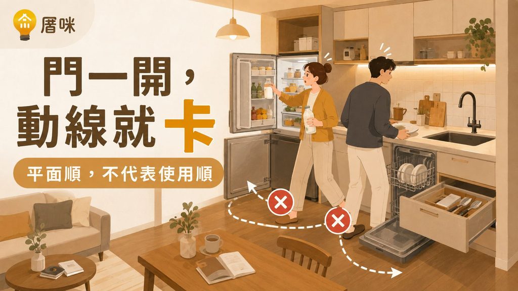 廚房動線衝突問題：冰箱門與洗碗機、抽屜同時開啟卡住走道